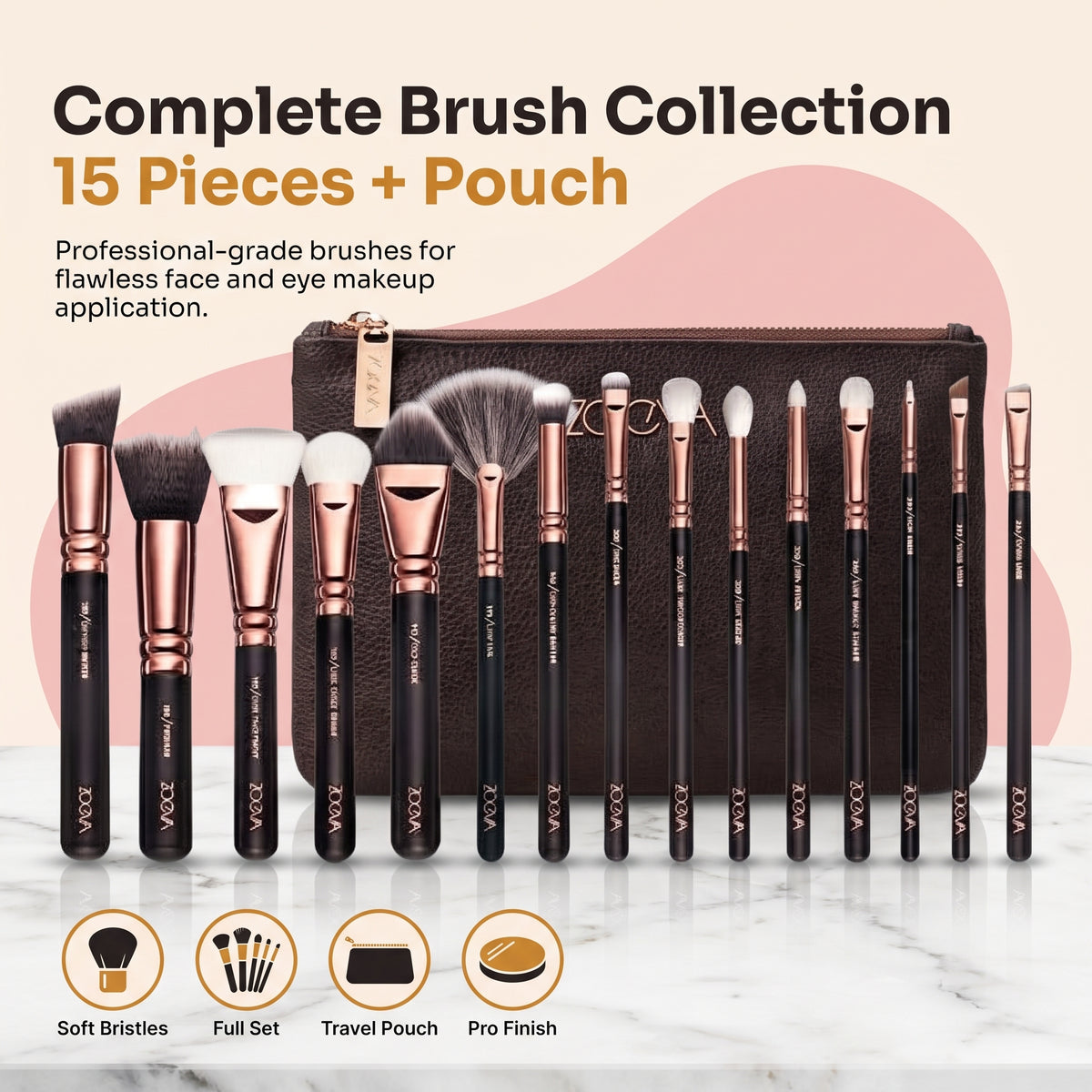 Zoeva 15 Piece Makeup Brushes Set With Pouch – Complete Face & Eye Makeup Brush Collection